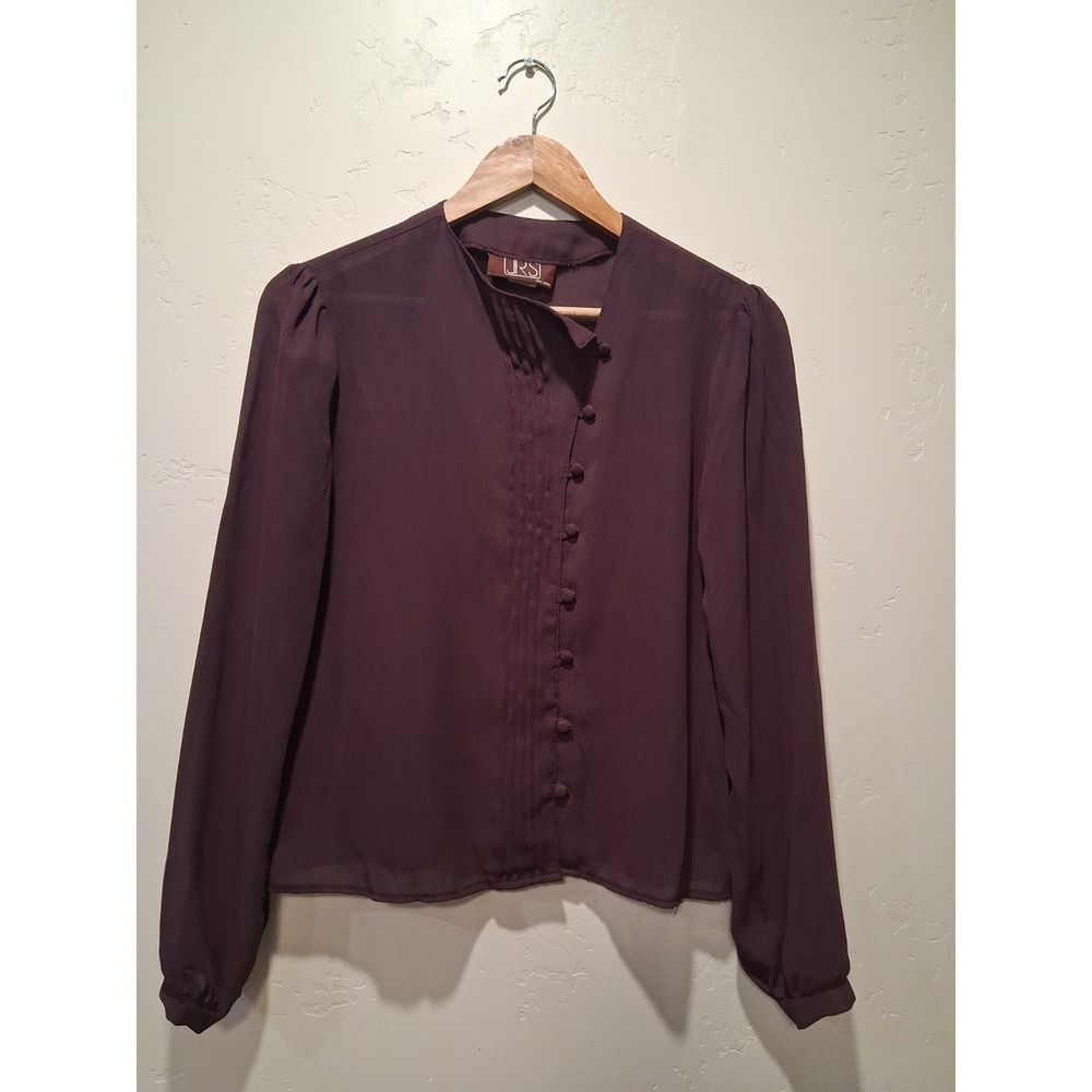 Vintage 80s Women's Blouse Size M Purple Plum Pleating Covered Buttons Secretary